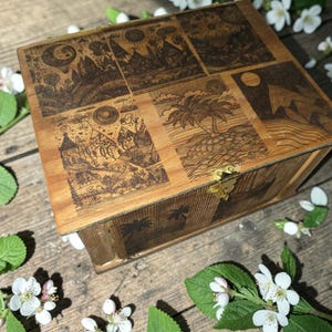 Hand Woodburned Keepsake Box, Rustic Folk Art Jewelry Storage, Pyrography Wooden Memory Box