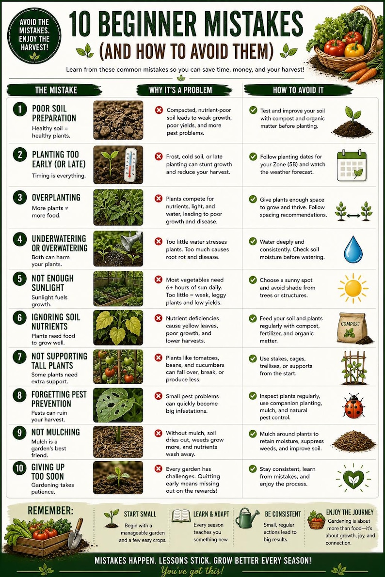 May include: An infographic titled "10 Beginner Mistakes (And How to Avoid Them)" with gardening tips. It lists common errors like poor soil preparation, overwatering, and pest prevention, along with solutions. A basket of vegetables is in the top right.