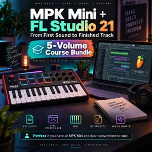 Kurs dla początkujących MPK Mini FL Studio 21 | Pakiet 5 tomów, MIDI, flp, audio i próbki