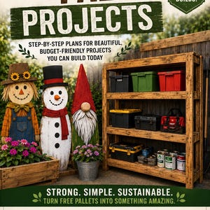 May include: A book cover titled DIY PALLET PROJECTS with 18 EASY & PRACTICAL BUILDS! featuring a wooden shelf unit filled with storage bins and tools, alongside wooden scarecrow, snowman, and gnome figures in front of a wooden fence.