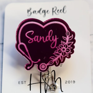 Personalized Floral Stethoscope Glitter Badge Reel, badge ID, Retractable ID, Lanyard Badge Holder, Nurse Gift, laser engraved badge