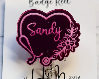 Carrete de insignia de brillo de estetoscopio floral personalizado, identificación de insignia, identificación retráctil, soporte de insignia de cordón, regalo de enfermera, insignia grabada con láser