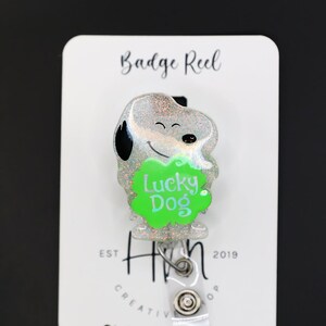 St. Patrick&#39;s day Badge Reel, Happy Dog, Nurse Badge Reel, Retractable ID Holder, Interchangeable, Glitter Badge Reel