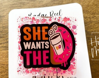 She Wants The Coffee Funny Badge Reel, Coffee Lover Badge Reel, Interchangeable ID Holder, Funny badge Reel, Retractable Lanyard