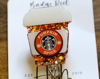 Pumpkin Spice Funny Orange Glitter Badge Reel, Fall badge reel, pumpkin badge reel, Retractable Badge Reel, Interchangeable Badge Reel