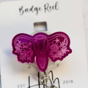 Floral Uterus Badge Reel, Retractable Badge Reel, Interchangeable Badge Reel, Engraved Badge Reel