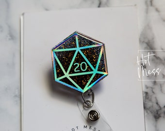 D20 Badge Reel, D&D Geschenk, einziehbarer ID Halter, Austauschbar, Glitzer Abzeichen Reel