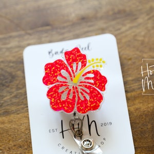 PINK Hibiscus Badge Reel, RN ID Holder, Retractable Acrylic Badge Reel, Nurse Gift, Teacher Lanyard, flower badge reel