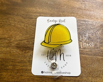 Hard Hat Badge Reel, Construction Pin, Retractable Acrylic Badge Reel, Interchangeable ID Holder