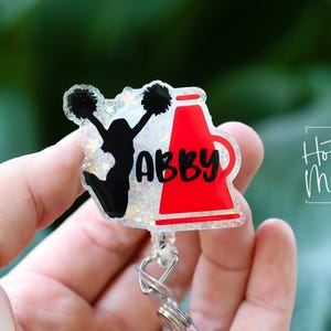 Custom Cheerleader Glitter Badge Reel or Pin – Personalized with Name & Team Colors, Cheer Squad Gift, Spirit Wear Accessory