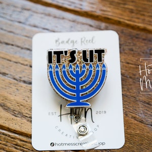 To jest żywa szpula na identyfikatory, szpula na identyfikatory Chanuka, szpula na identyfikatory pielęgniarskie, wymienny uchwyt na identyfikator, menorah