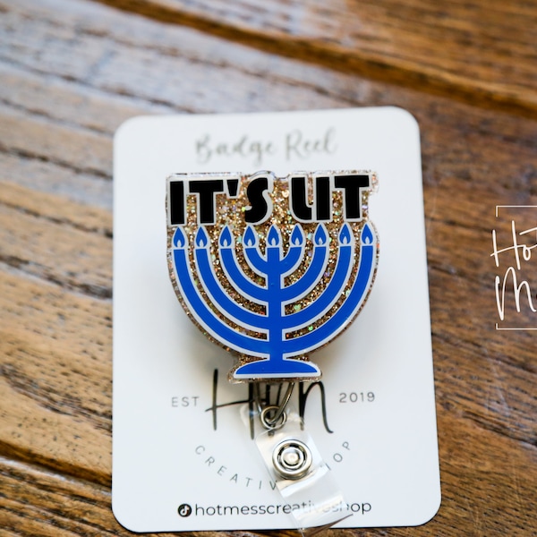 To jest żywa szpula na identyfikatory, szpula na identyfikatory Chanuka, szpula na identyfikatory pielęgniarskie, wymienny uchwyt na identyfikator, menorah