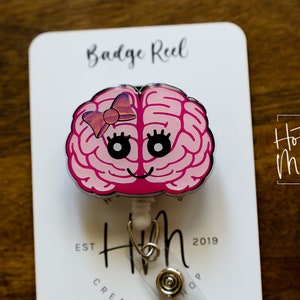 Roze hersenen met gezicht en roze strik grappige badgehaspel, neurologie-badge-ID, intrekbare ID, badgehouder sleutelkoord, cadeau verpleegkundige, MD1