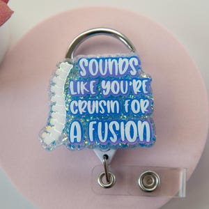 Carrete de insignia con purpurina de fusión espinal divertido Cruisin for a Fusion