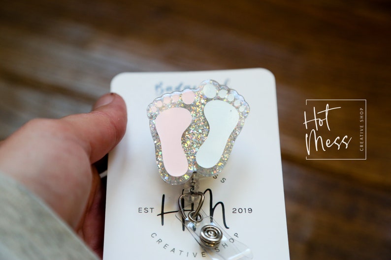 Baby Feet ID Holder Badge Reel, NICU Badge Reel, Labor and Delivery Glitter Badge Reel, Post Partum Care Badge Reel image 6