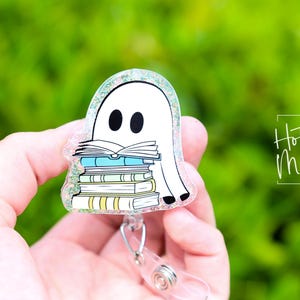 Reading Ghost Halloween Badge Reel,  Halloween ID Holder, Interchangeable Glitter badge reel