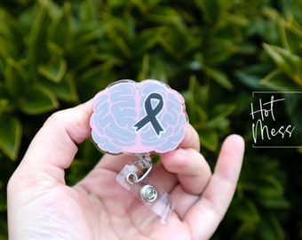 Brain Cancer Awareness Badge Reel, Neurology badge ID, Gray ribbon, Retractable ID, Lanyard Badge Holder