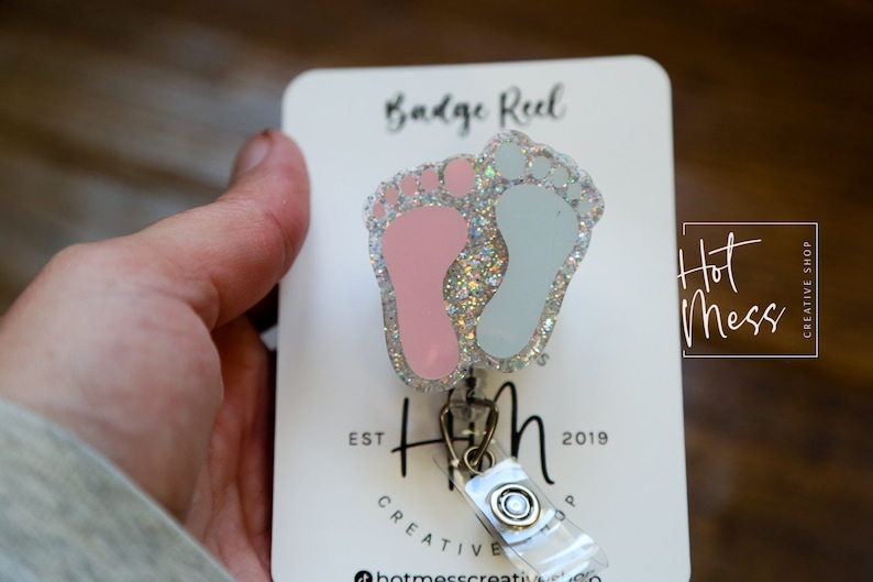 Baby Feet ID Holder Badge Reel, NICU Badge Reel, Labor and Delivery Glitter Badge Reel, Post Partum Care Badge Reel image 5
