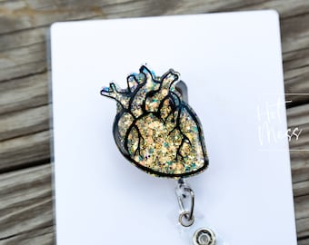 Anatomical Heart Badge Reel, Cardiologist Badge Reel, Nurse Badge Reel, Retractable ID Holder, Interchangeable, Glitter Badge Reel