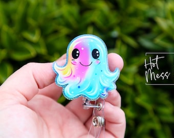 Rainbow Ghost Badge Reel,  Lanyard ID Holder, Interchangeable Glitter badge reel