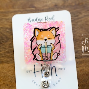 Corgi drinking Boba Badge Reel, Boba Tea, RN ID Holder, Retractable Acrylic Badge Reel, Nurse Gift, Vet ID Holder, Office Badge Reel