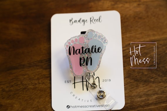 Baby Feet ID Holder Badge Reel, NICU Badge Reel, Labor and Delivery Glitter Badge Reel, Post Partum Care Badge Reel
