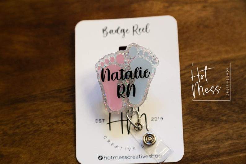 Baby Feet ID Holder Badge Reel, NICU Badge Reel, Labor and Delivery Glitter Badge Reel, Post Partum Care Badge Reel image 1