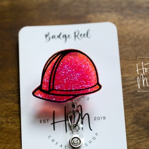 Pink Hard Hat Badge Reel, Construction Pin, Retractable Acrylic Badge Reel, Interchangeable ID Holder