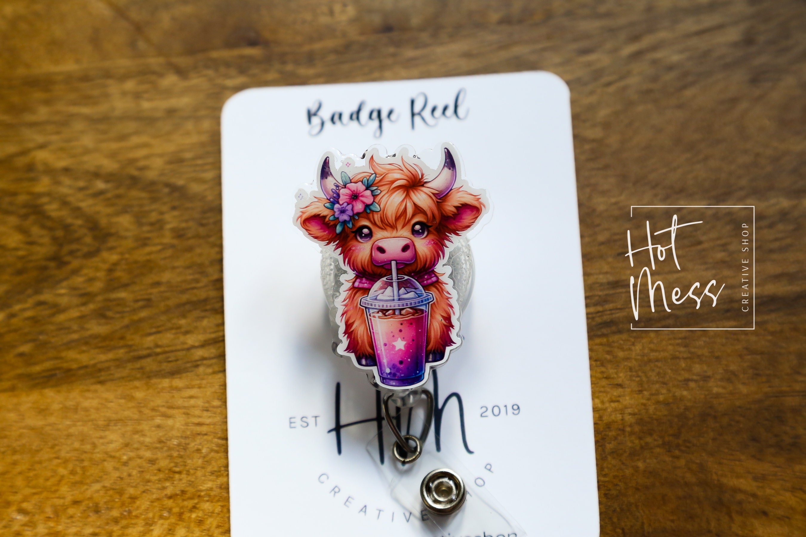 Water color Highland cow, Iced Coffee badge reel, Interchangeable Badge Reel, Cute badge Reel, Teacher ID Holder, animal badge reel