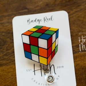 Rubiks cube Badge Reel, D&D gift, Retractable ID Holder, Interchangeable, Rubiks cube gift