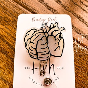Heart Brain Badge Reel, Internal Medicine Badge Reel, Nurse Badge Reel, Retractable ID Holder, Interchangeable, Glitter Badge Reel