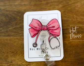 Pink Nurse Bow Badge Reel, Badge ID, Stocking Stuffer, work lanyard, coquette nurse
