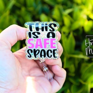 This is a Safe Space Badge Reel, school counselor lanyard, LGBT Pride Retractable Badge Reel, ID Holder