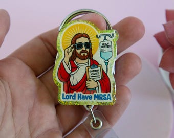 おもしろいイエス・キリストのグリッターバッジリール – 伸縮式RN IDホルダー