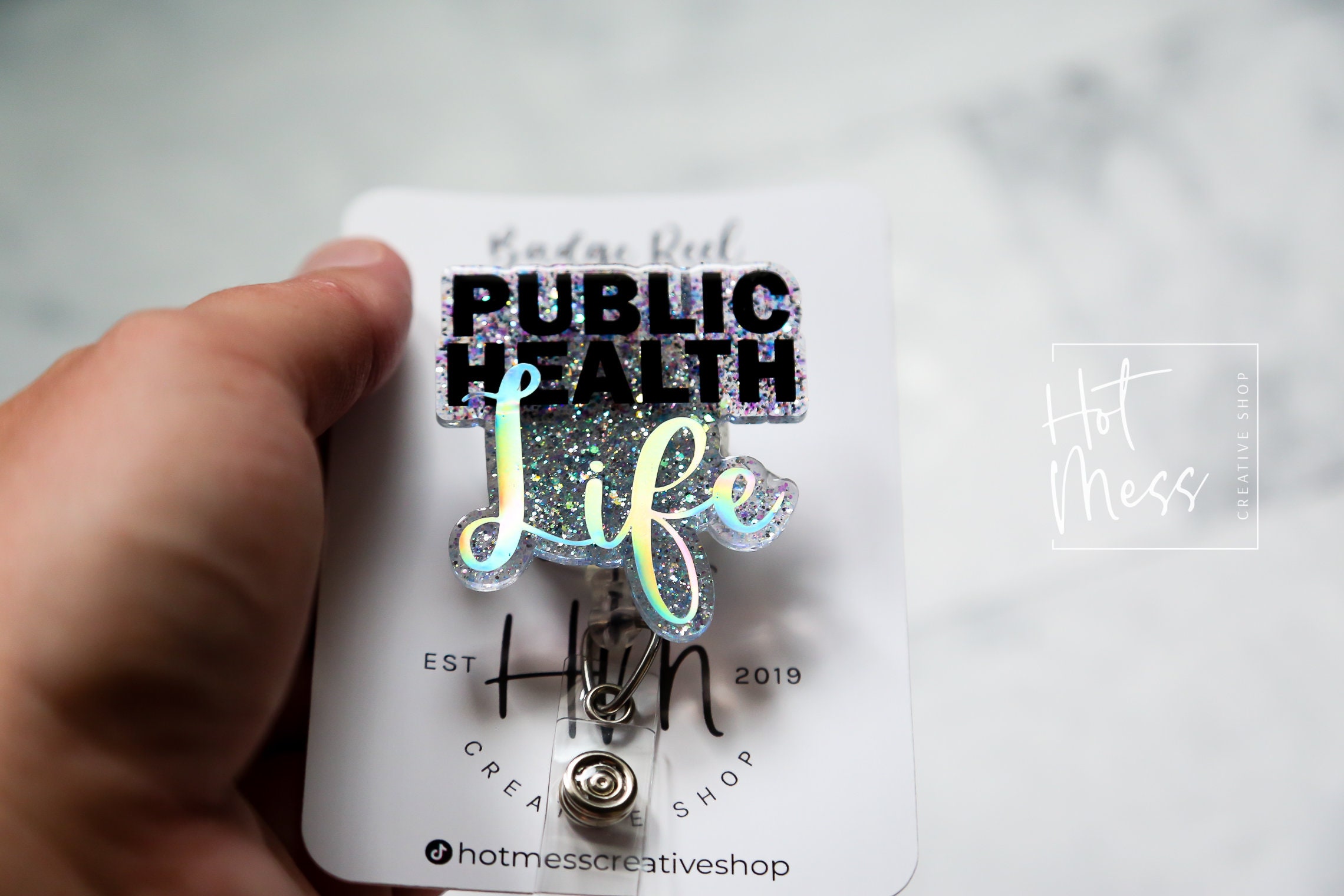 "It's Fine" Retractable Badge Reel – Blue Glitter Dumpster Fire Design With Alligator Clip, Funny ID Holder