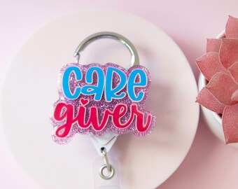 Care Giver Interchangeable Badge Reel, Glitter Acrylic Face, Retractable Holder