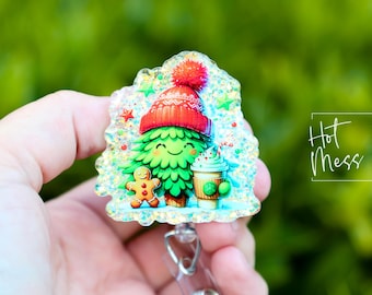 Porta credencial con forma de árbol de Navidad, porta credencial navideño, porta credencial divertido, porta credencial retráctil, intercambiable, porta credencial con purpurina