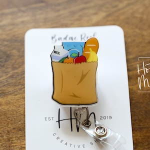 Grocery Bag Badge Reel, Customer Service badge reel, Store name tag holder