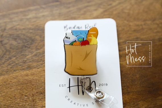 Grocery Bag Badge Reel, Customer Service badge reel, Store name tag holder