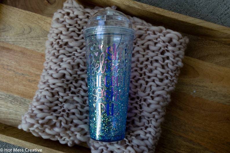 snowglobe tumbler She Believed She Could Snow Globe Tumbler Personalized Glitter Tumbler Positive Cup RTS