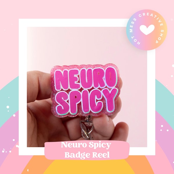 Pink Neuro Spicy Glitter Badge Reel, gift for introvert, neurodivergent badge reel