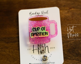 Cup of Ambition Badge Reel, Retractable Badge Reel, Interchangeable Badge Reel, Glitter Badge Reel, Dolly