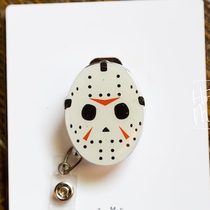 Hockey Mask Funny Halloween Badge Reel, Horror Badge Reel, Halloween Badge ID