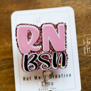 RN BSN, badgehaspel roze glitter, badgehouder, intrekbaar identiteitsbewijs, badgehouder sleutelkoord, cadeau verpleegkundige