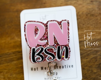 RN BSN, Pink Glitter Badge reel, badge holder, Retractable ID, Lanyard Badge Holder, Nurse Gift