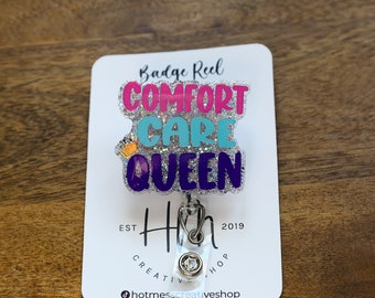 Comfort Care Queen Funny Glitter Badge Reel, Interchangeable Retractable Badge Reel, Caregiver badge reel, Elderly assistant badge reel