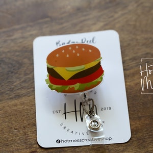 Cheeseburger Badge Reel, Funny ID Holder, Waitress Badge Reel, Retractable, Interchangeable Lanyard, Food Badge Reels, Lunch Lady Gift