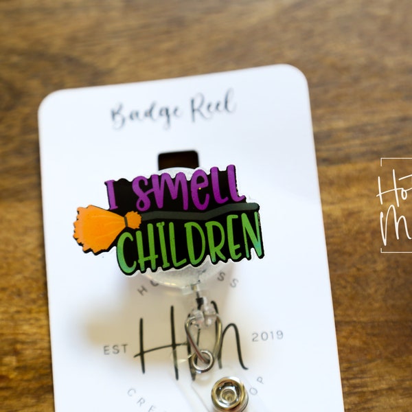 I Smell Children Funny Halloween Badge Reel, Purple/Green Badge Holder, Retractable Badge Reel, Interchangeable Badge Reel, witch badge reel