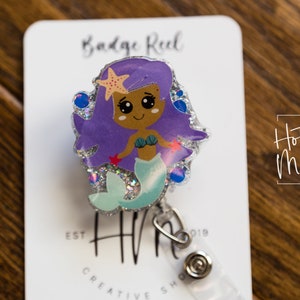 Purple Hair Mermaid Funny Badge Reel, Interchangeable Retractable Badge Reel, nurse and teacher badge reel
