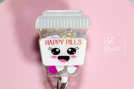 3D Happy Pills Glitter Badge Reel, Retractable Badge Reel, Interchangeable Badge Reel, Gift for Pharmacist, pharmacy tech